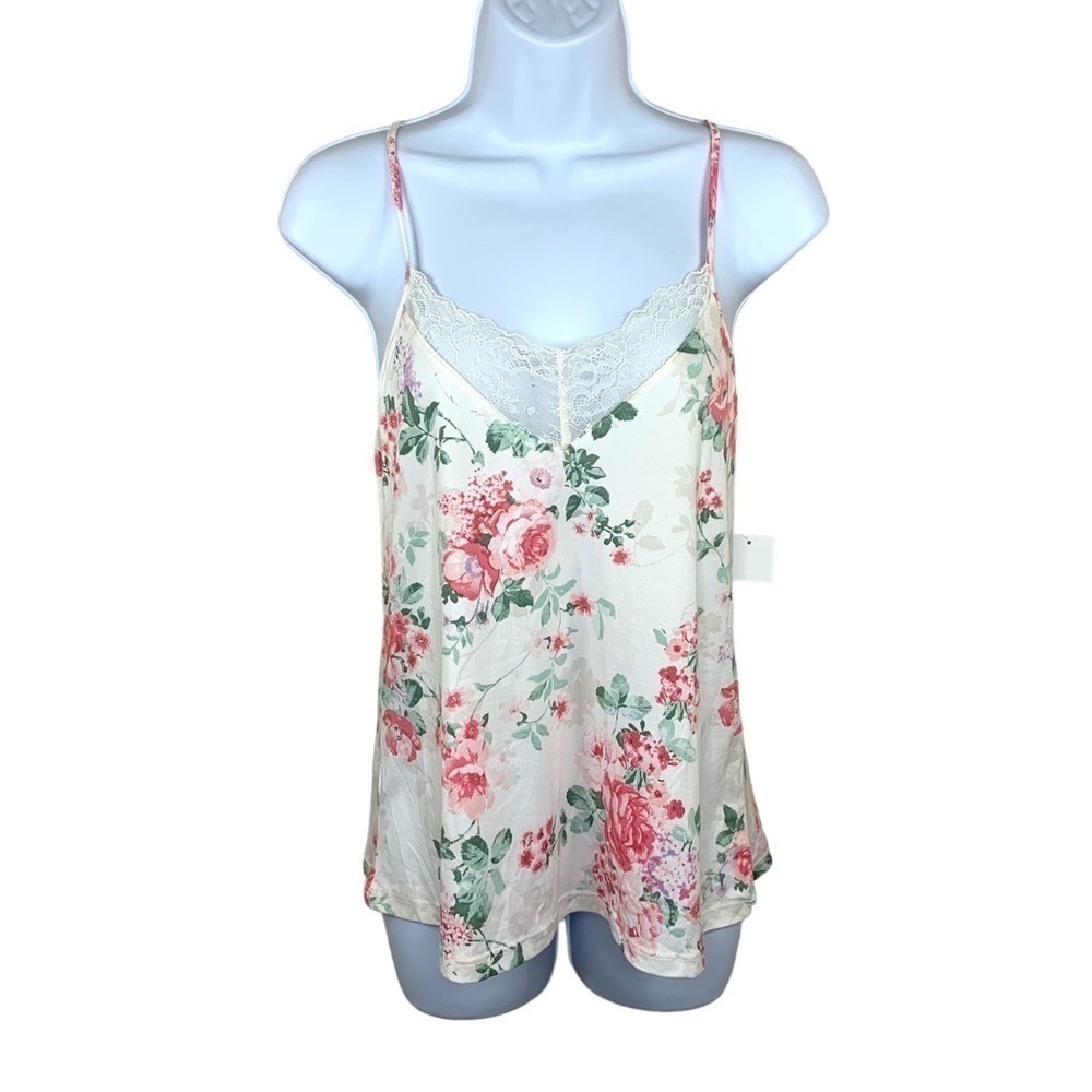 NEW Flora Nikrooz White Pink Floral Lace Accent Tank Sleepwear Casual Stretch